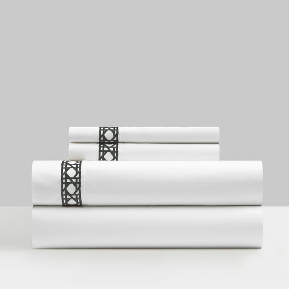 Chic Home Aria 4 Piece Cotton Blend Sheet Set 1500 Thread Count Solid White With Dual Stripe Embroidery Lattice Stitching Details – Includes 1 Flat, 1 Fitted Sheet, and 2 Pillowcases, King, Black