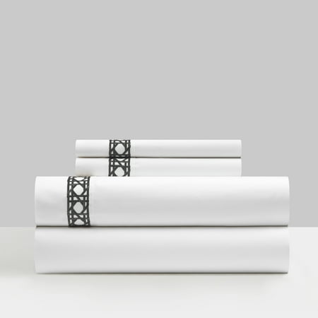 Chic Home Aria 4 Piece Cotton Blend Sheet Set 1500 Thread Count Solid White With Dual Stripe Embroidery Lattice Stitching Details – Includes 1 Flat  1 Fitted Sheet  and 2 Pillowcases  King  Black