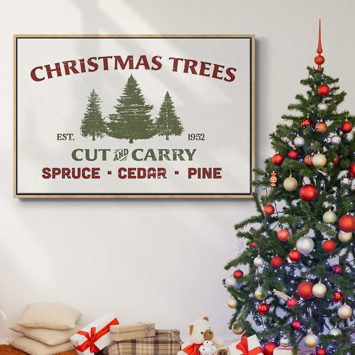 Christmas Farm Sign I - Framed Gallery Wrapped Holiday Canvas - 27 x 41 - Natural Wood Frame