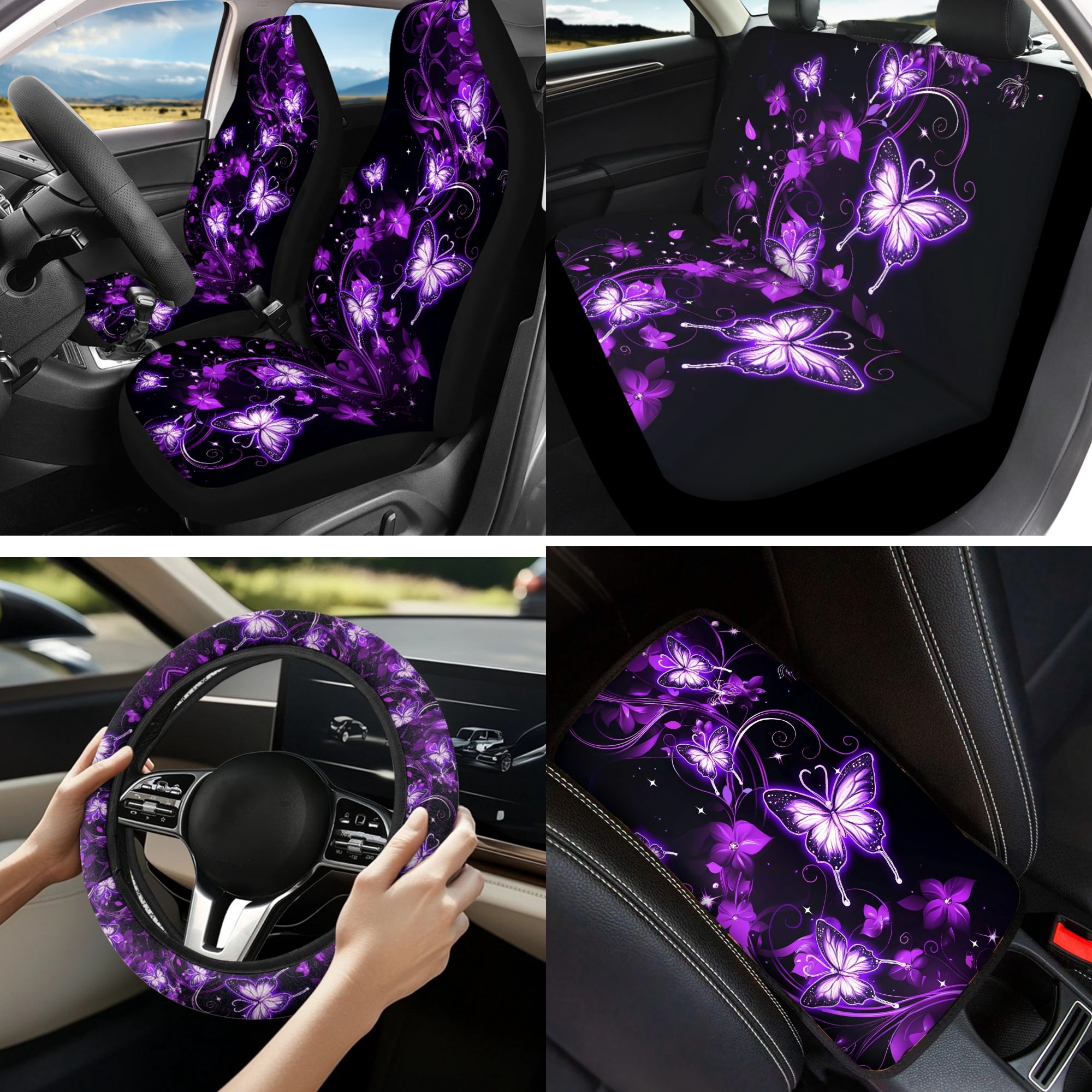 Jeiento 13 Pack Butterfly Car Seat Cover Set for Front and Rear, Auto Interior Accessories Full Set for Women Men Purple Car Seat Protective Universal Fits for Cars, SUV, Truck, Sedan, Van