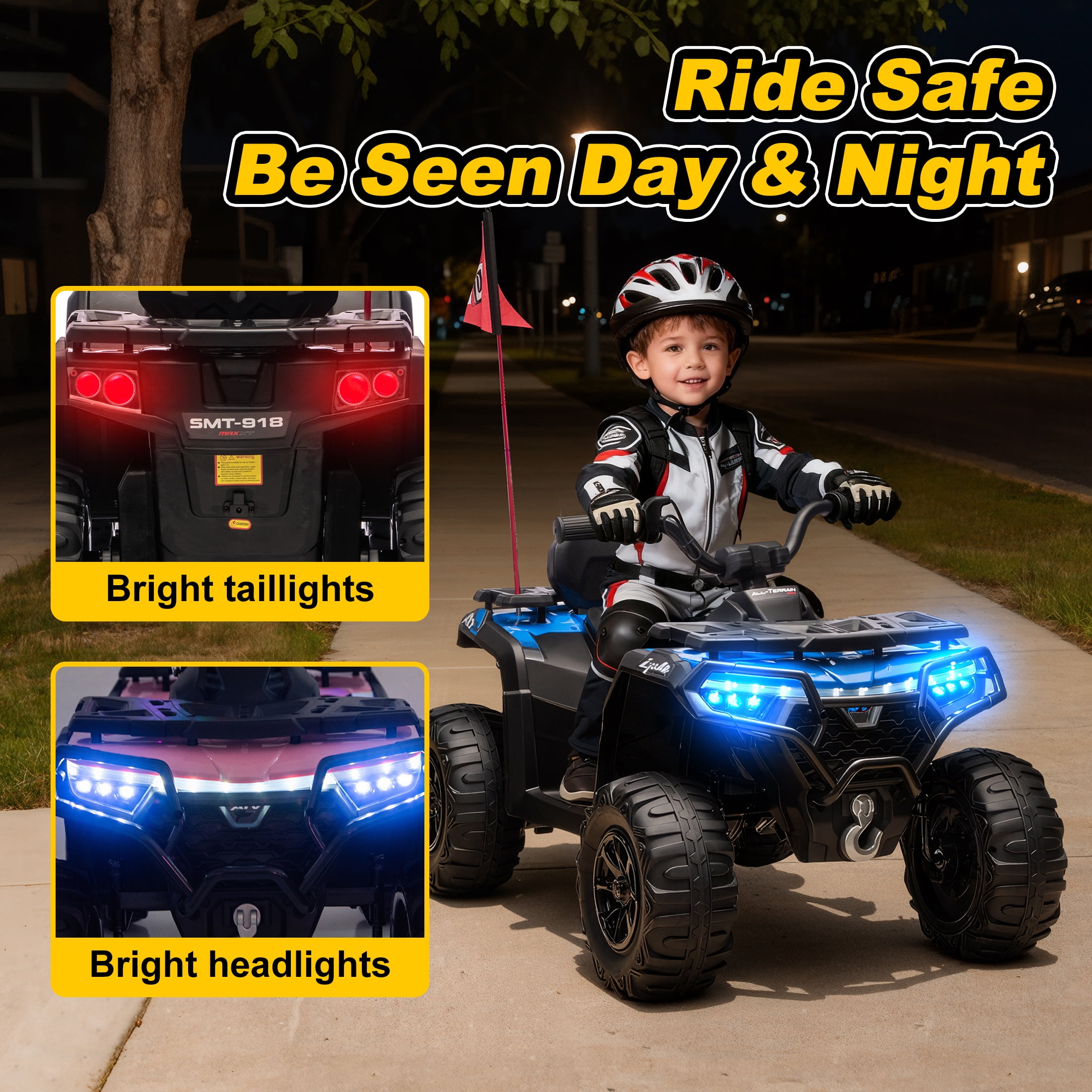 iRerts 24V Ride on ATV, Powered Ride on Toys Kids 4 Wheeler for Boys Girls Ages 3-6 Gifts, Kids Ride on Car Electric Vehicle with Bluetooth, Music, USB Port, Multi-Color Lights, Blue