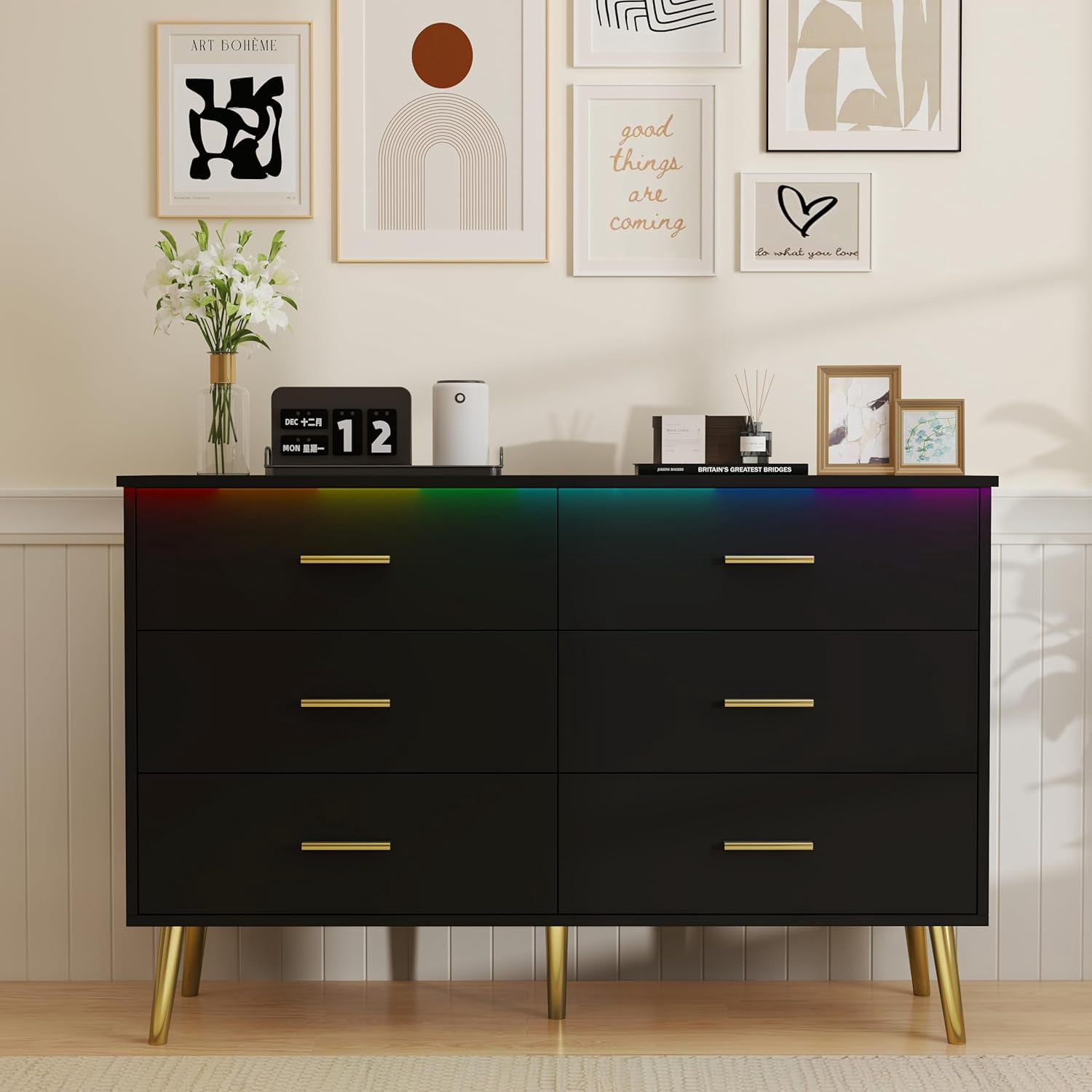 FANRAL 6 Drawers Dresser for Bedroom,Wood Modern Chest of Drawers with LED Light,Metal Support Feet,Black Dresser