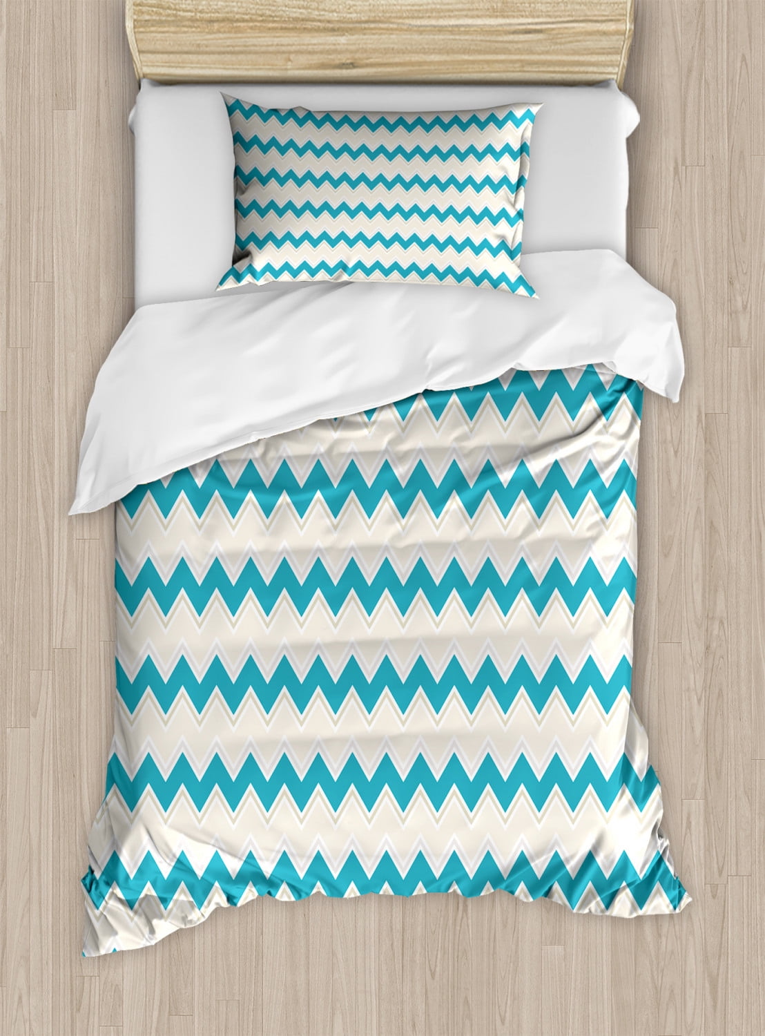 Teal Duvet Cover Set, Horizontal Zigzag Lines Chevron Triangles Pattern