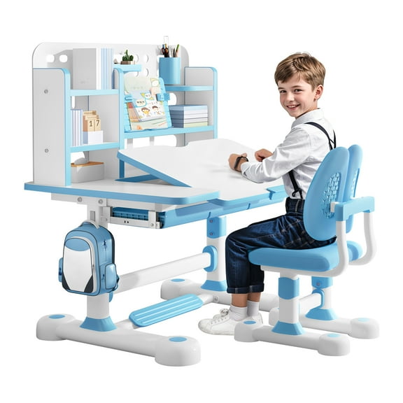 YiJin Ergonomic Kids Study Desk & Chair Set with Bookshelf | Height Adjustable Children's Desk with 50° Tilt Top, Storage Drawer for Home Study Room (Blue)