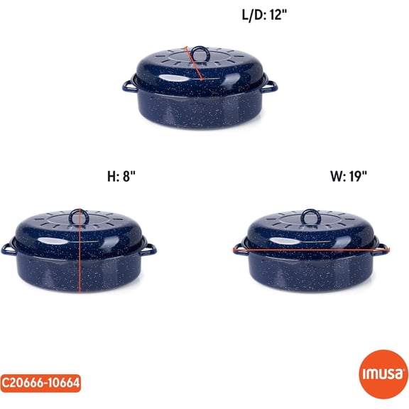 IMUSA USA 18 Inch Traditional Blue Speckled Enamel Roaster Oven Safe for All Stovetops