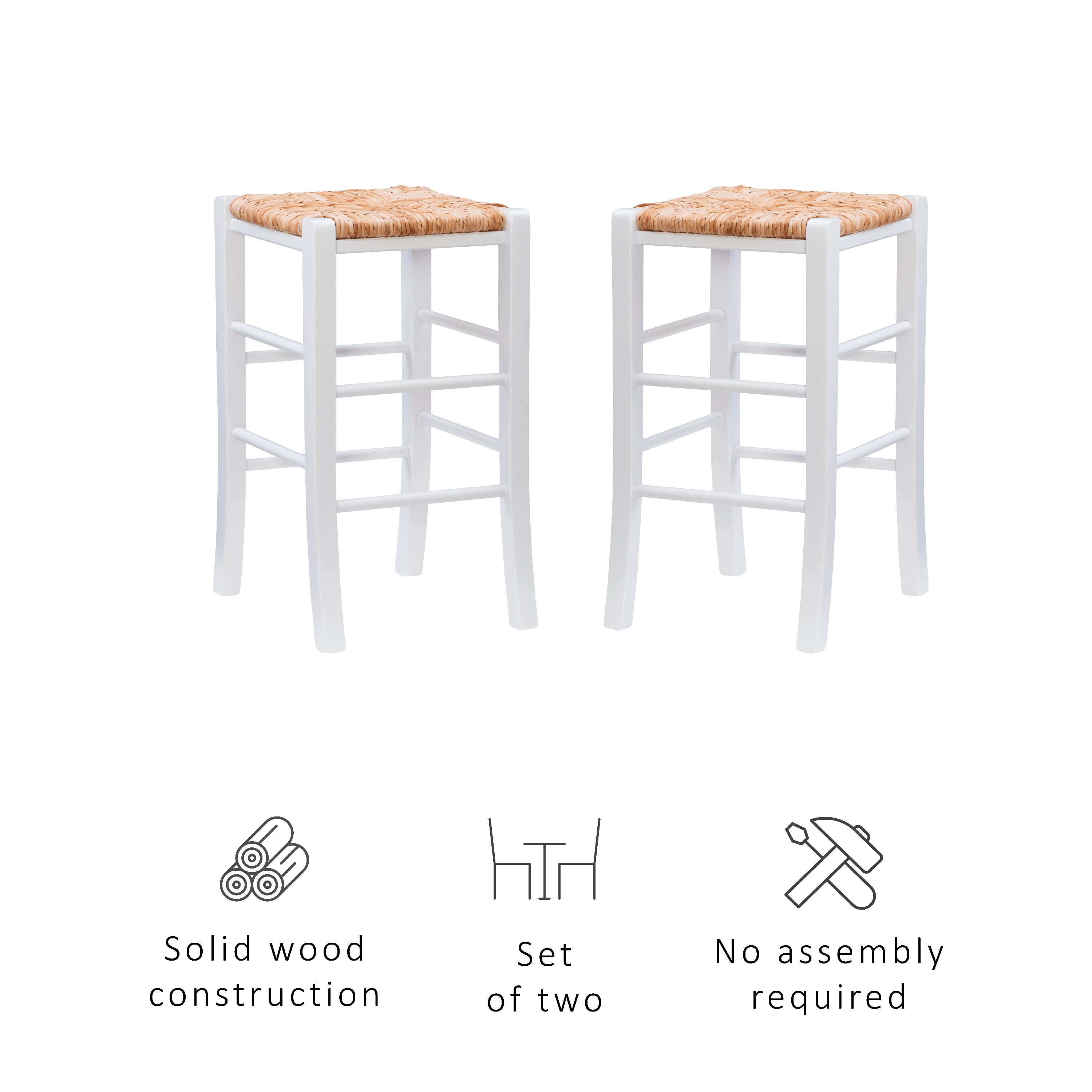 Linon Ivica Backless Wood Counter Stool, 24.4" Seat Height, White Finish with Natrual Handwoven Rush Seat