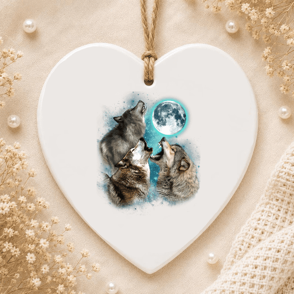 3 Wolf Moon Howling Wolf Head Funny Wolves For 2D FLAT HEART Ceramic Ornament