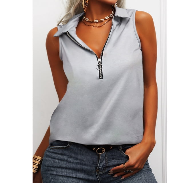 Camiseta sin mangas con cremallera de verano,Camiseta sin mangas de verano para mujer Camisas sin mangas con cremallera Camisas sin mangas de verano Operación suave