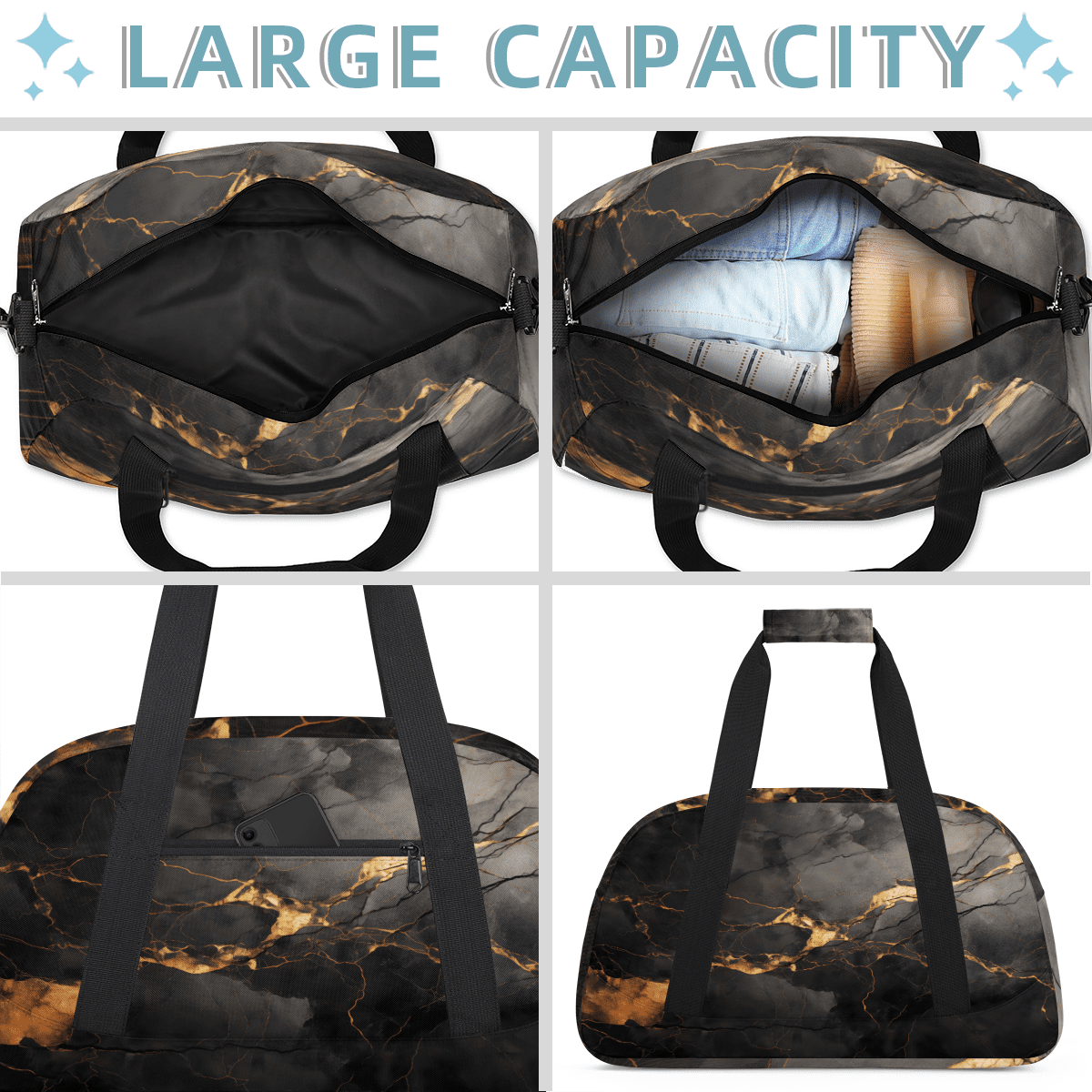 Herdesigns Sports Duffle Bags Travel Duffle Bag Gym Bag Black And Gold Marble Weekender Travel Bag Waterproof Overnight Bag Carry On Travel Tote Bag Dance Bags