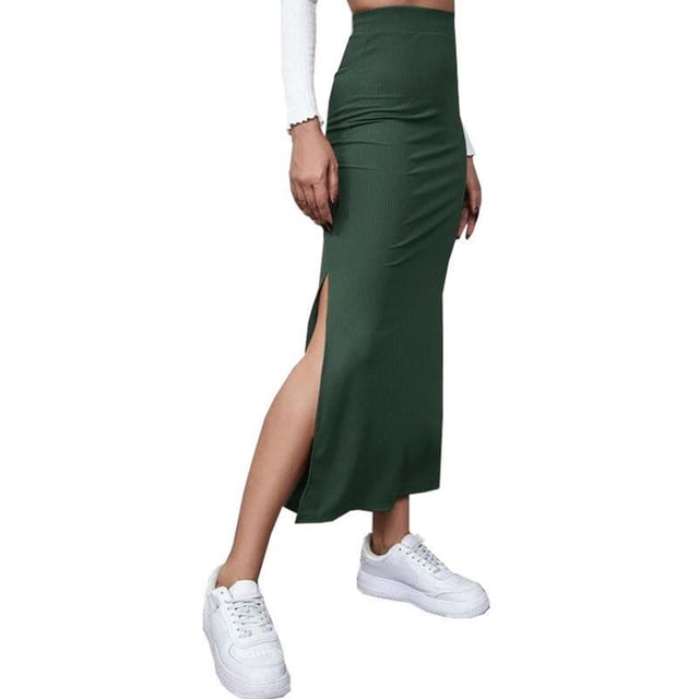 Slit Long Skirt, Bodycon Long Skirt Solid Color Elastic Easy Matching For Vacation Green,Red,Brownness,Brown,Black