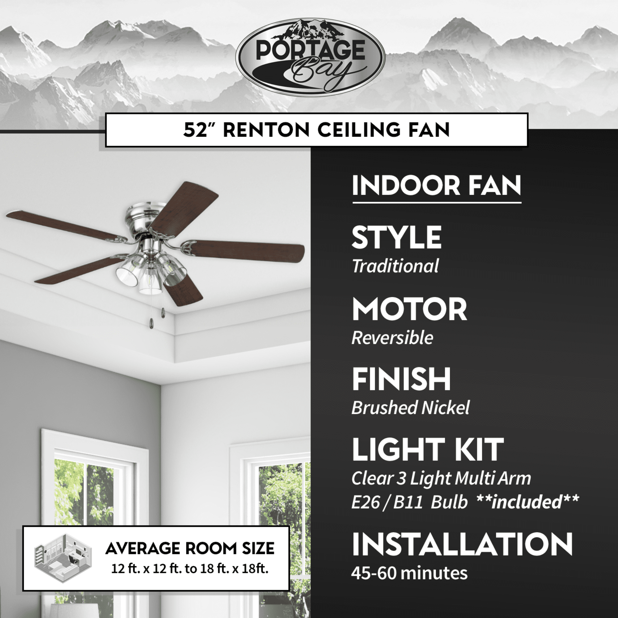 Prominence Home Renton 52" Brushed Nickel Flushmount Ceiling Fan with Light, 5 Blades, Pull Chains & Reverse Airflow