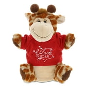 DolliBu I LOVE YOU Super Soft Plush Giraffe Hand Puppet - Stuffed Animal with Red Shirt For Valentine, Anniversary, Romantic Date, Cute Wild Life Plush Toy Gift For Boyfriend or Girlfriend - 10"
