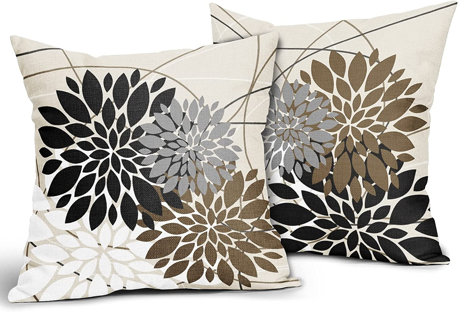 Black Brown Throw Pillow Covers 20x20 Inch Dahlia Flower Decorative Pillows Modern Geometry Floral Outdoor Farmhouse Pillowcase Linen Square Cushion Case Decor for Home Sofa Couch Bed, Set of 2
