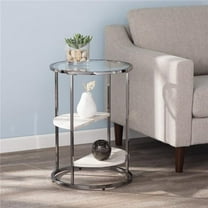 24 in. Metal Glass & Faux Marble Round End Table with Two Shelves, Black