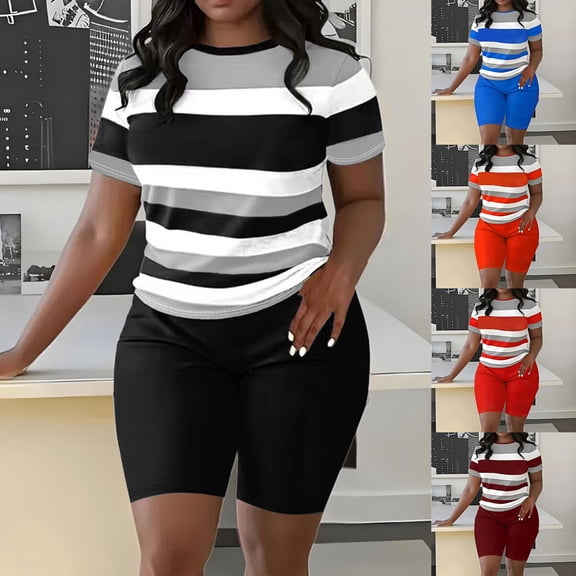 Two Piece Shorts Set for Women Plus Size Summer Stripe Airport Travel Outfits Casual Top and Shorts Sets Matching Clothing Vacation Outfits