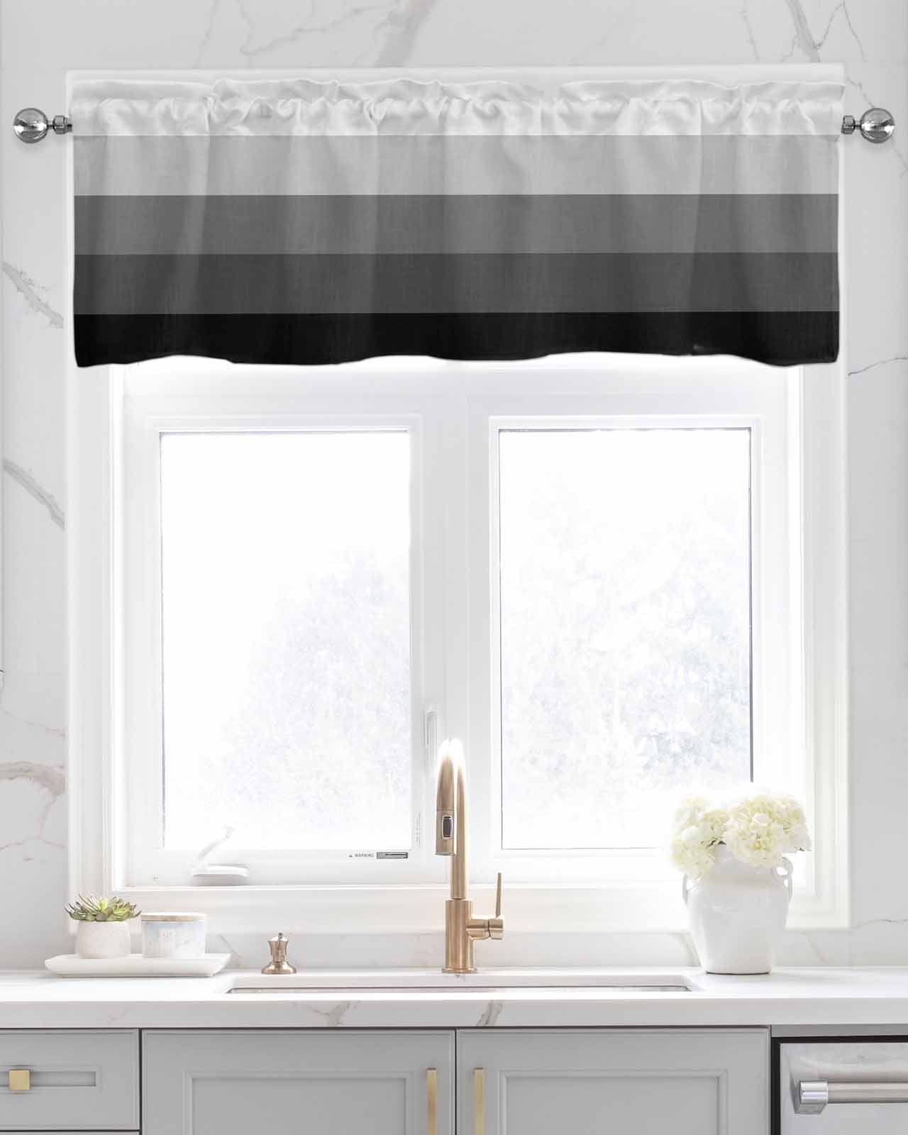Geometric Grey Linen Curtain Valance for Bedroom/Bathroom/Kitchen/Office/Living/Dining Room Window,Minimalist Stripe Country Farmhouse Pocket Topper Drapes Decorative Cafe Drapery Panel 60"x18"