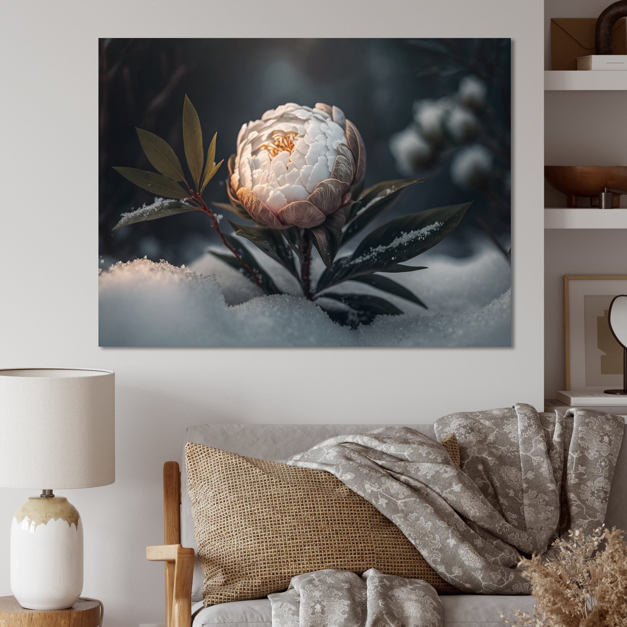 Designart A Blooming White Peony Flower In Winter III Canvas Wall Art