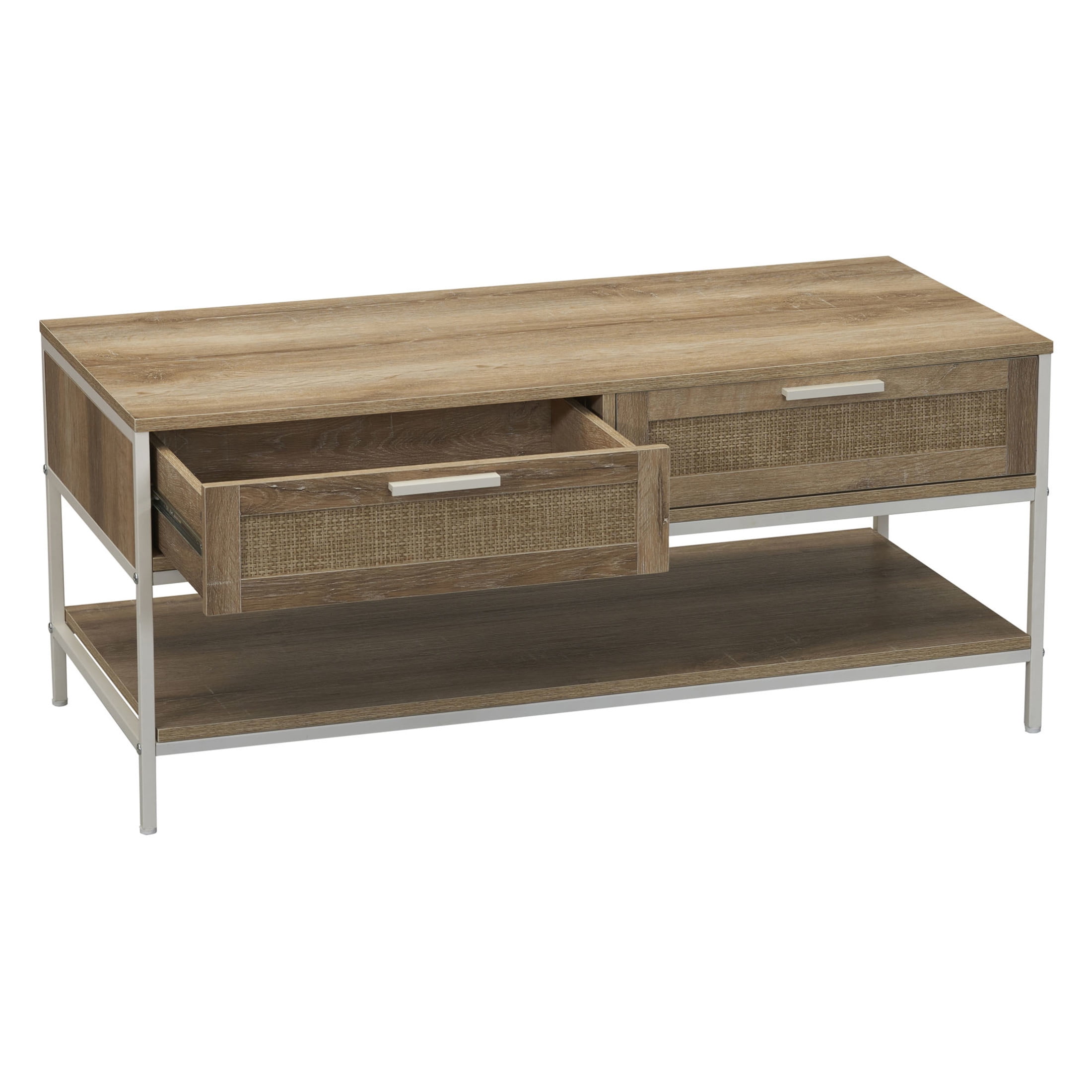 Household Essentials Bungalow Rectangular Coffee Table with Storage Shelf and 2 Drawers Coastal Oak Rustic Wood Grain Woven Front and White Metal