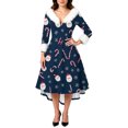 thumbnail image 4 of Christmas Dresses for Women Women's Fashion Elegant Autun And Winter Long Sleeve V-Neck Christmas Print Dress for Holiday Party,Dark Blue,M, 4 of 5