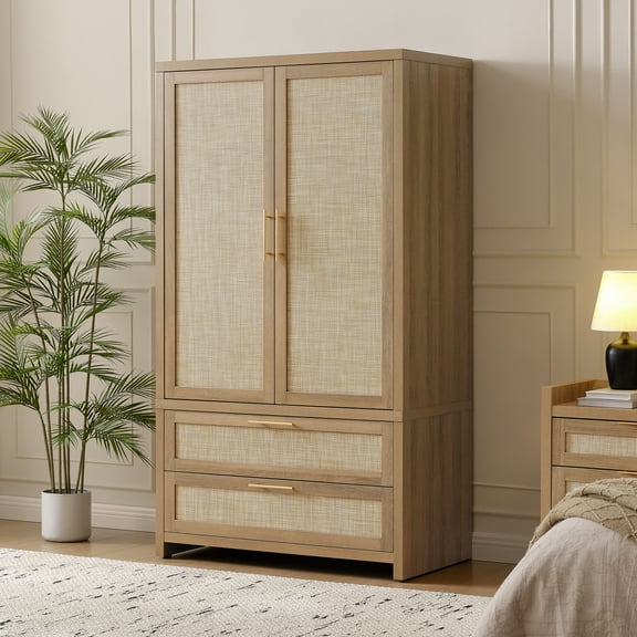 SICOTAS 40"W Oversized Boho Armoire Wardrobe Closet with 2 Large Drawers, 71" Tall Rattan Clothing Storage Cabinet with Shelves & Hanging Rod, Farmhouse Freestanding Wardrobe Cabinet for Bedroom, Oak