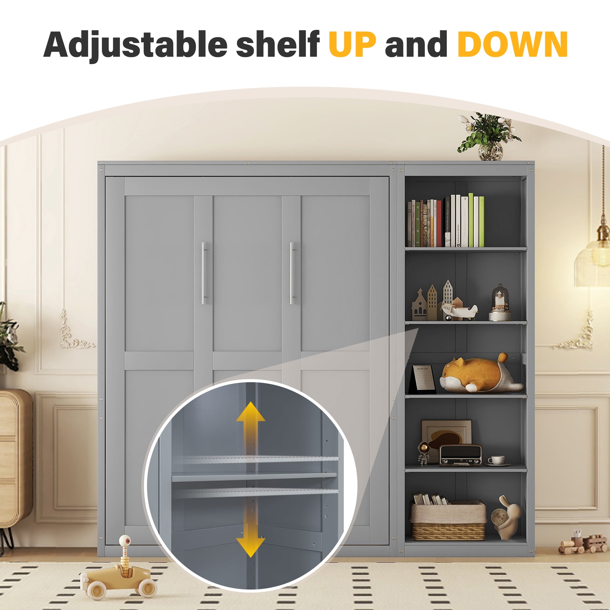 Aukfa Queen Murphy Bed, Wood Cabinet Bed Frame with Adujstable Shelves, Foldable Platform Wall Bed Frame for Guest-Room, Home, Office, Gray