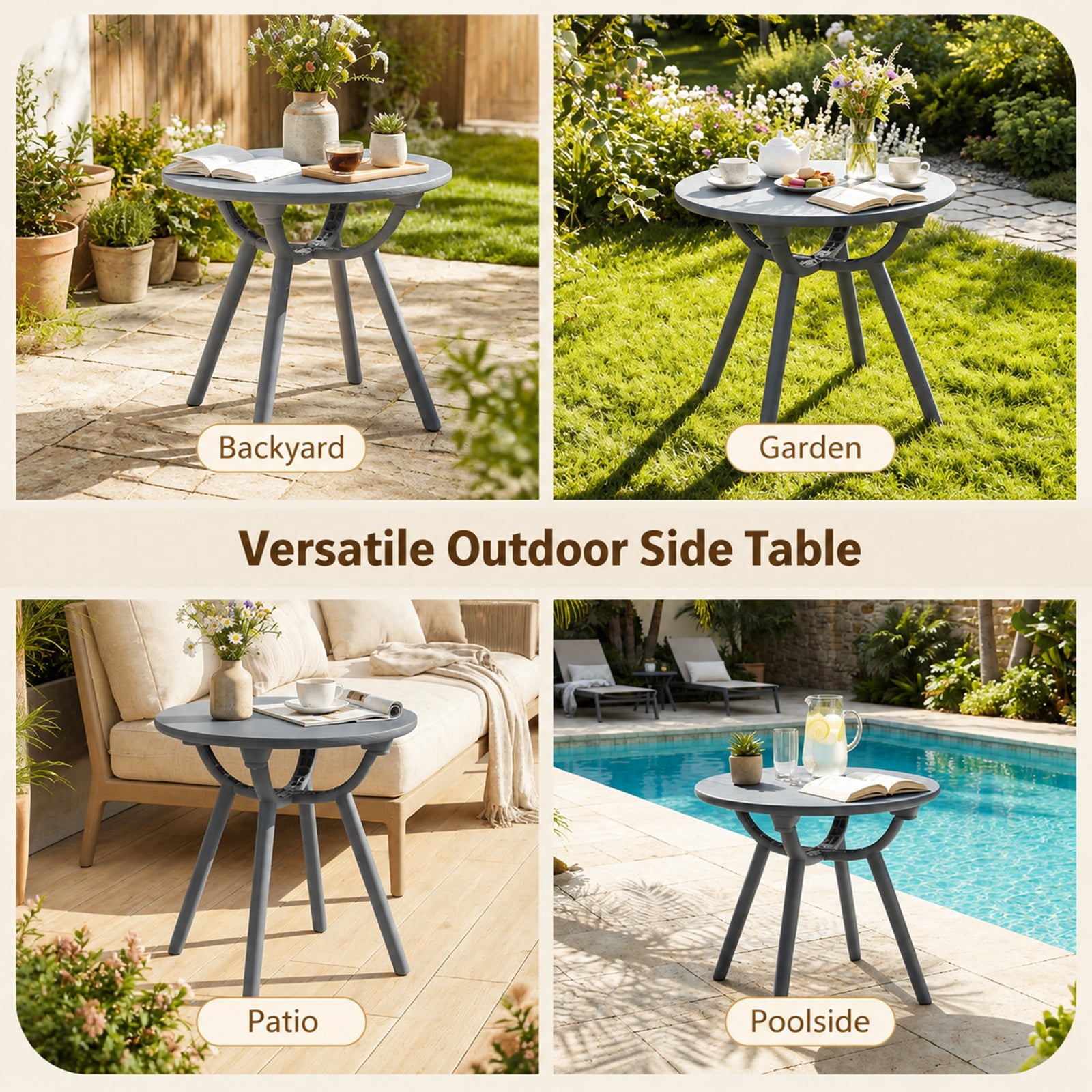 Biotree Round Patio Side Table, Outdoor Storage End Table with 20 Inch Tabletop, Weatherproof PP ABS and 110 lbs Capacity for Poolside Balcony, Gray