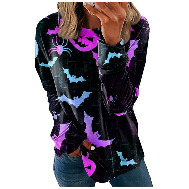 Umitay Pullover Sweaters For Women Women's Round Neck Tops Cotton Women's  Casual Fashion Halloween Print Long Sleeve O-Neck Pullover Top Blouse 