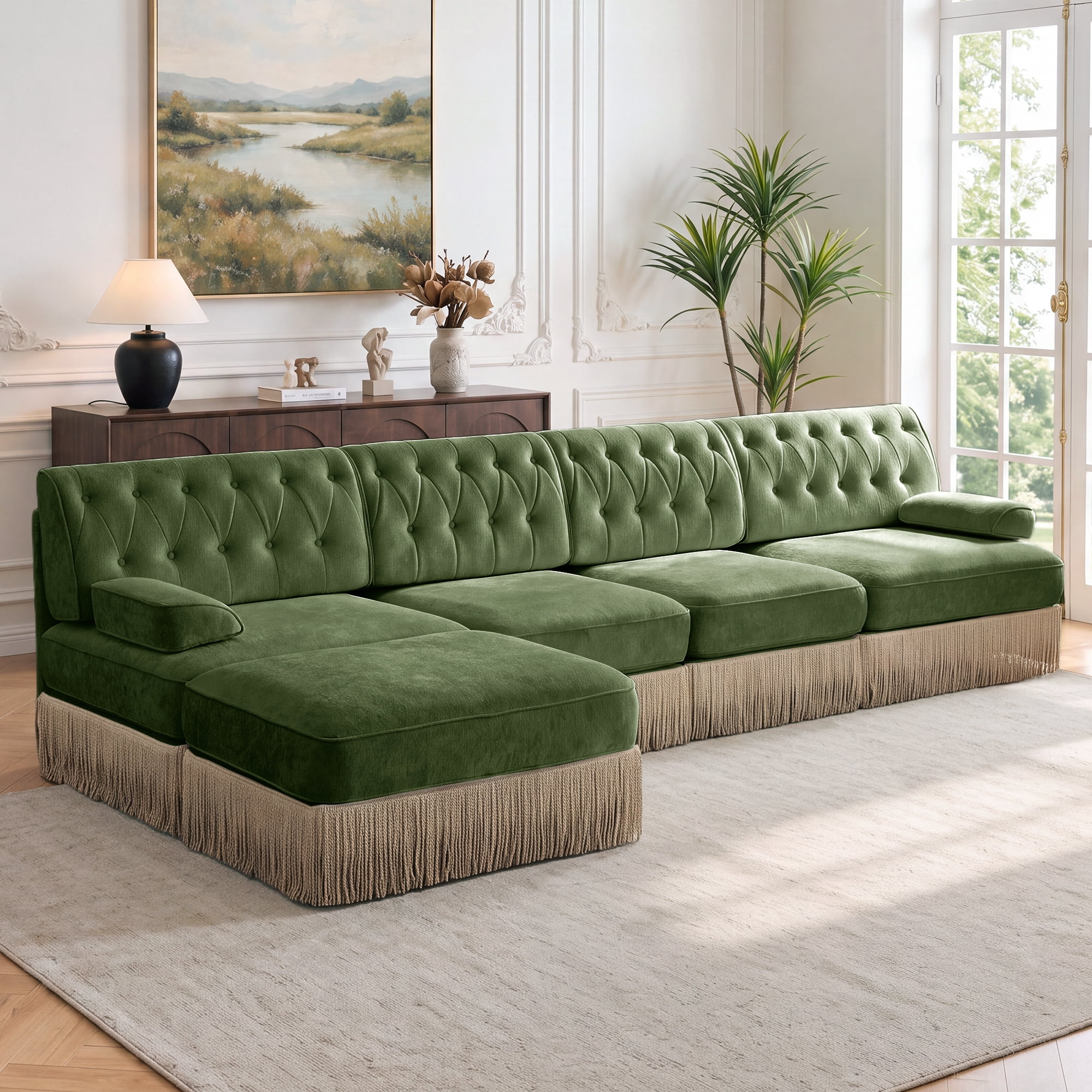 135" Chesterfield 4 Seater L-Shaped Modular Sectional Sofa Set with Ottoman and Tassel Skirt, Easy to Assemble