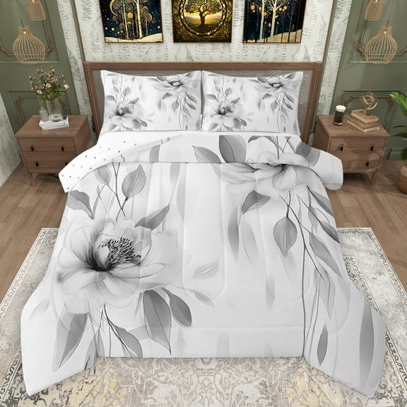jejeloiu Rustic Flower Leaf Bedding Comforter Set,Watercolor Ink Painting Twin Comforter Sets,Gray White Bedding Set For Girls Kids,Microfiber Bedroom Decor Reversible,2-Piece