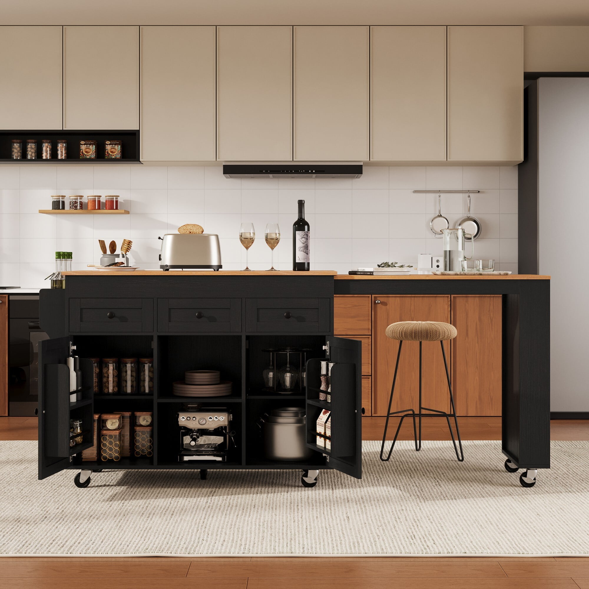 AENKYO 85.5" Kitchen Island with Extendable Table, Charging Station, Mobile Serving Cart with Storage Shelves, Black