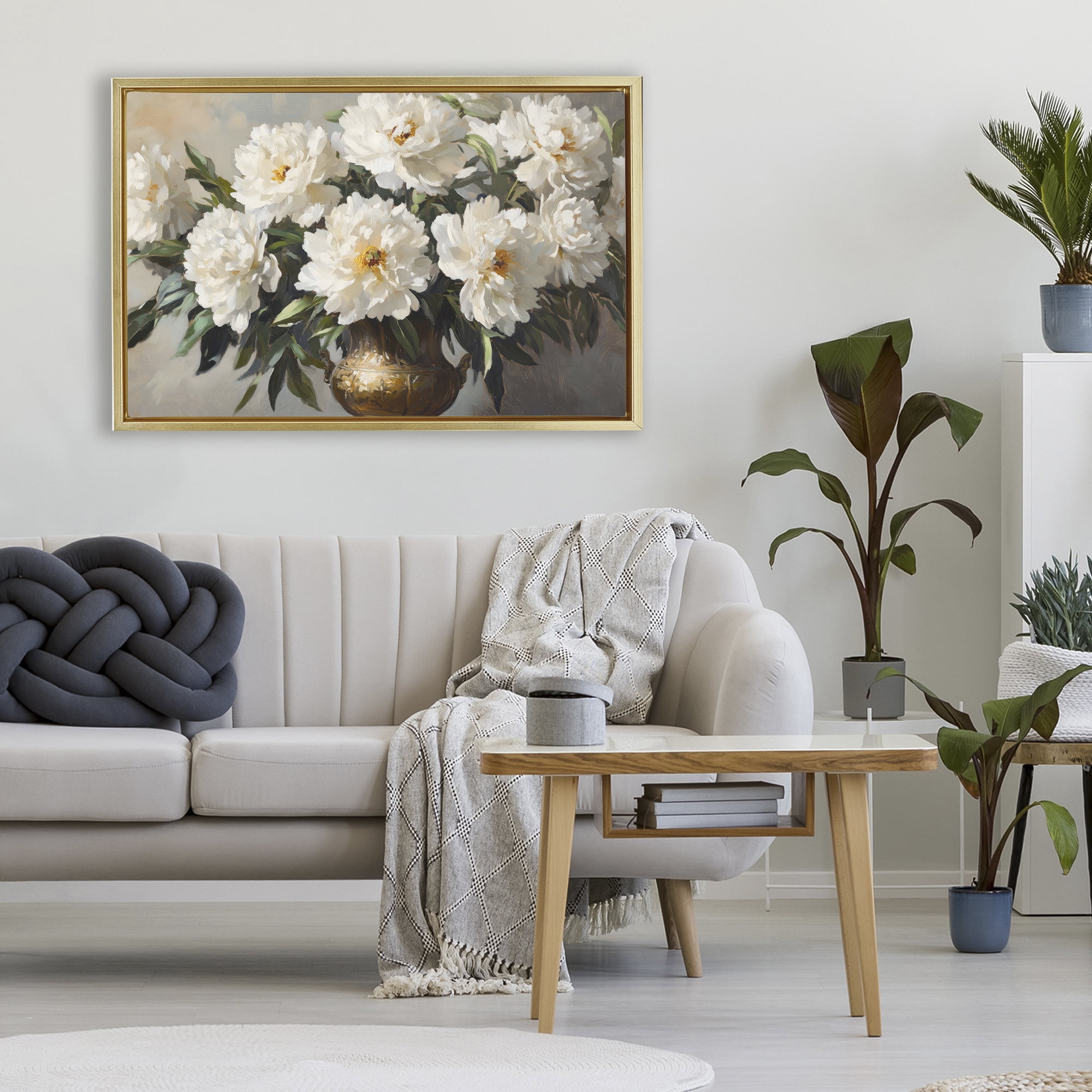 Stupell Industries Golden Vase with Peonies Gold Framed Floater Canvas Wall Art, design by Petal Prints Design