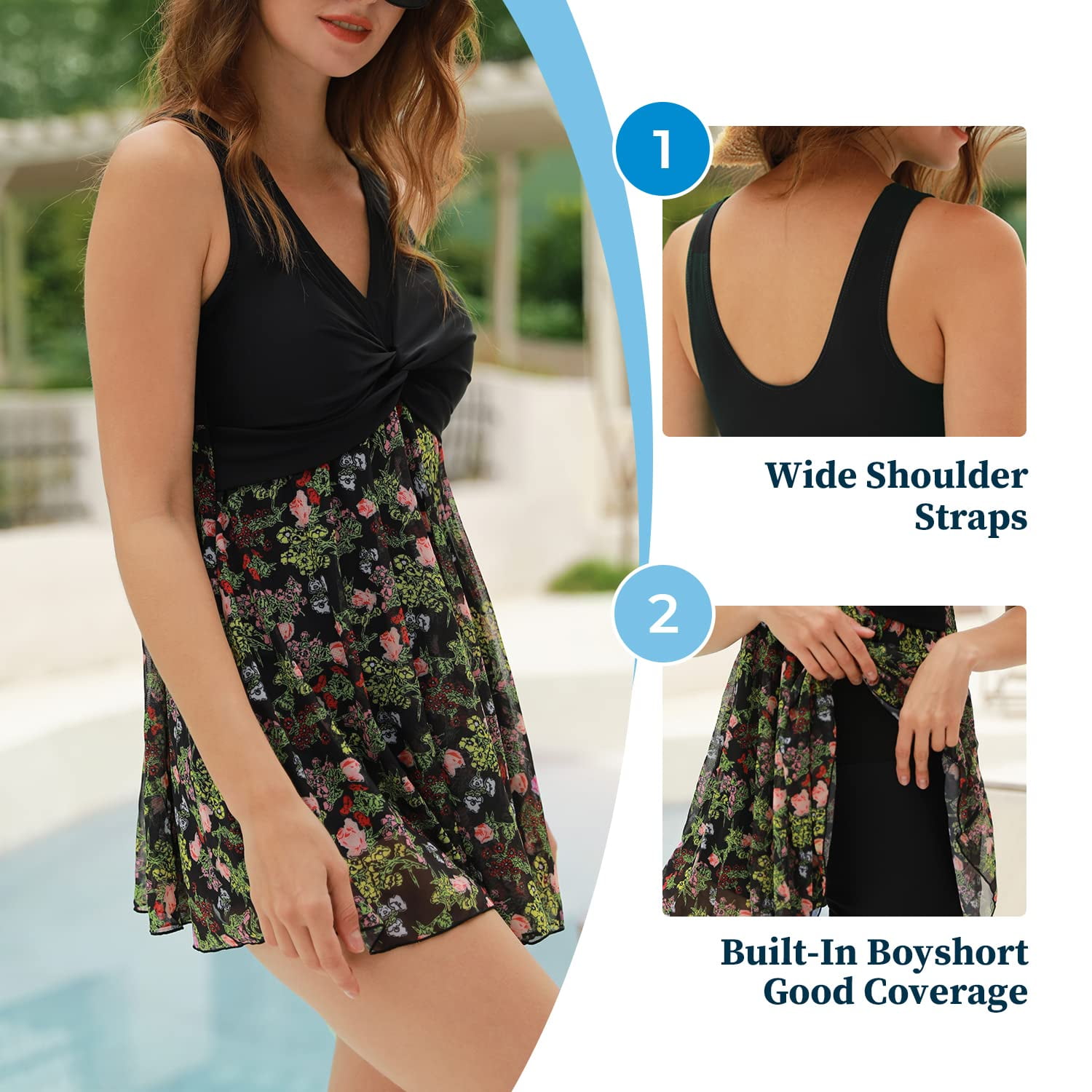 MiYang Women's one Piece Swimsuit Plus Size Tummy Control Swim Dress  Vintage Ruched Skirt Swimwear Black Flower X-Large 