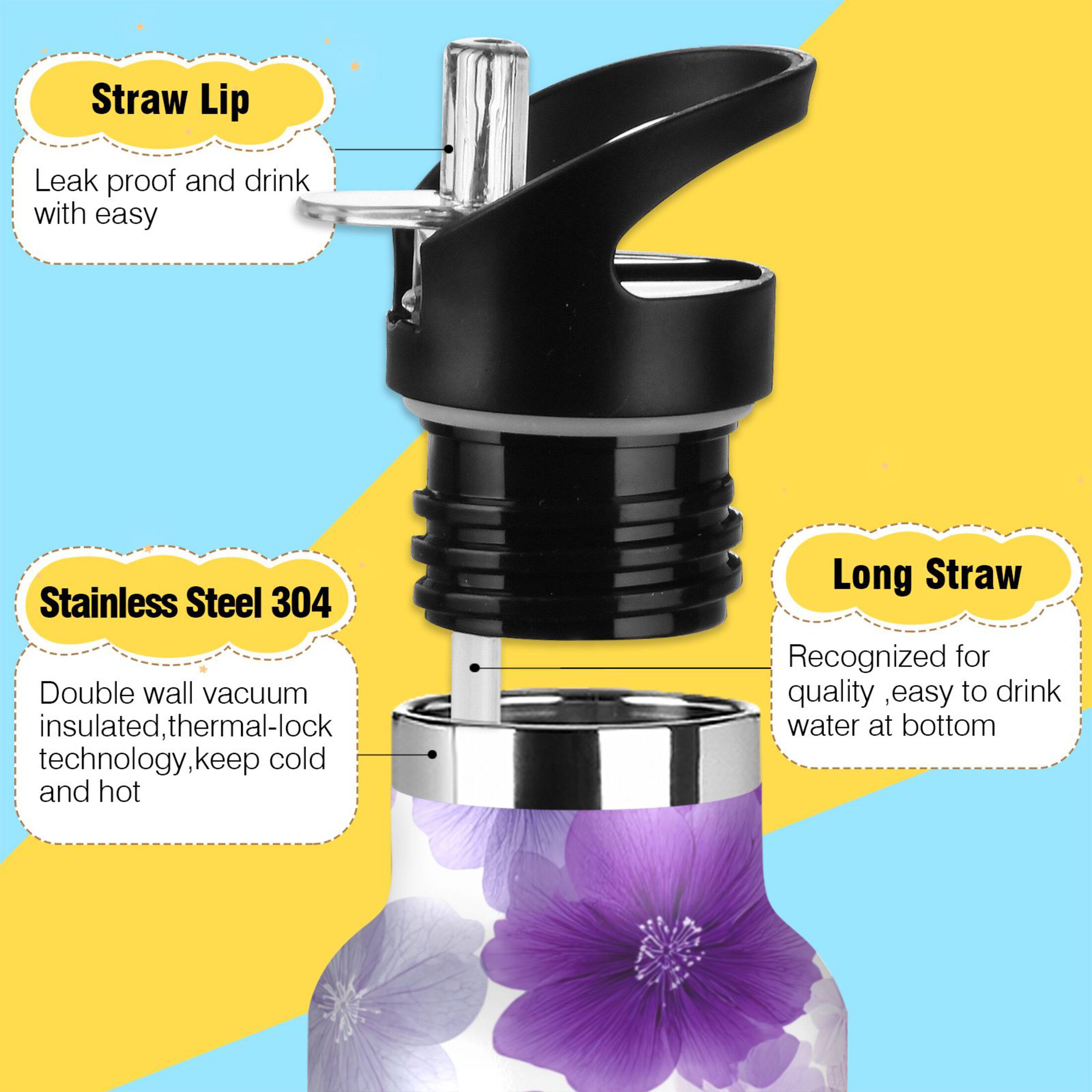 600ML Stainless Steel Insulated Cup Sports Water Bottle Portable Thermos Cup Water Glasses Insulated Tumblers Convenient and Durable Purple Flowers Pattern
