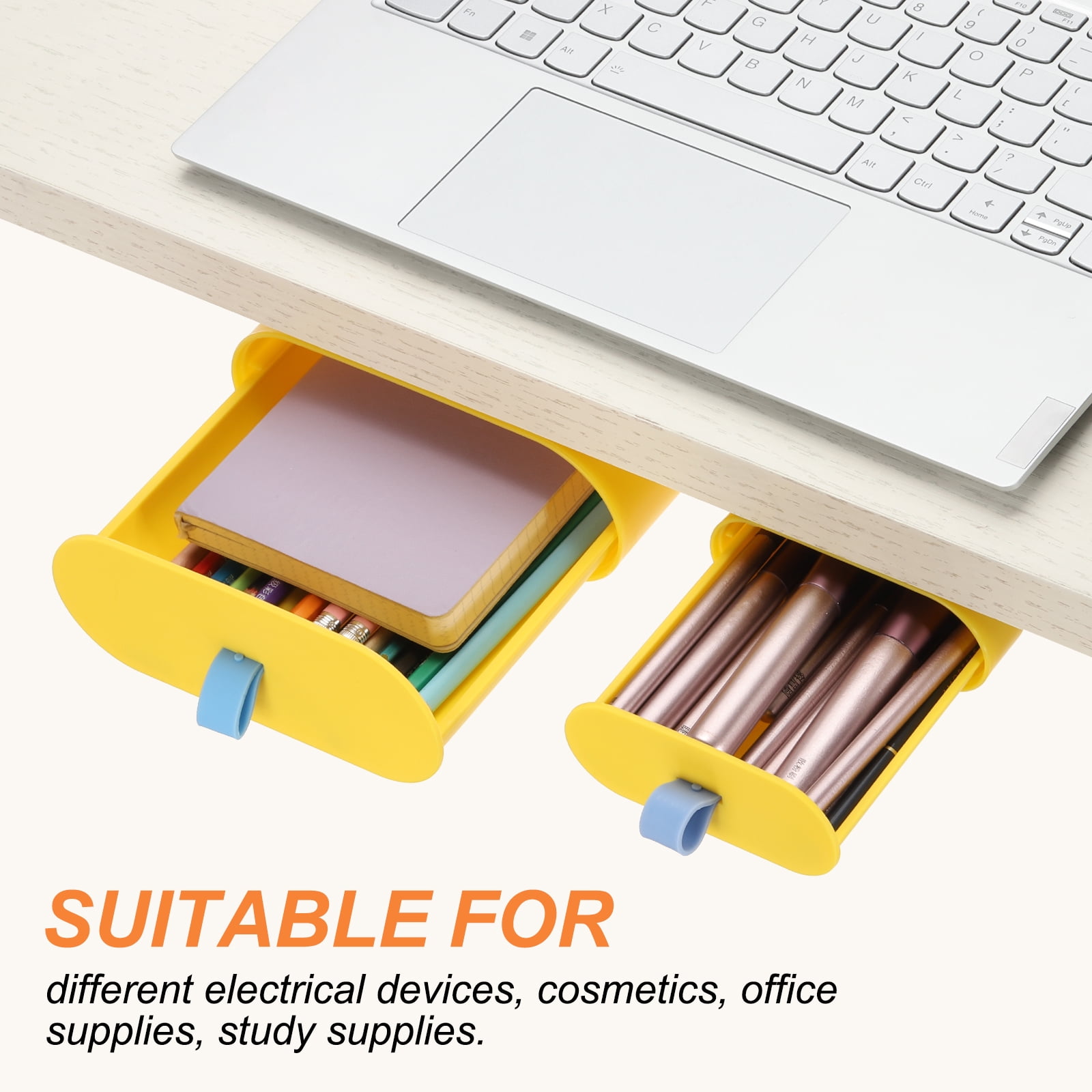Uxcell Under Desk Drawer Self-Adhesive Slide Out Storage Box Attachable Organizer for Home Office Classroom, Yellow, Large