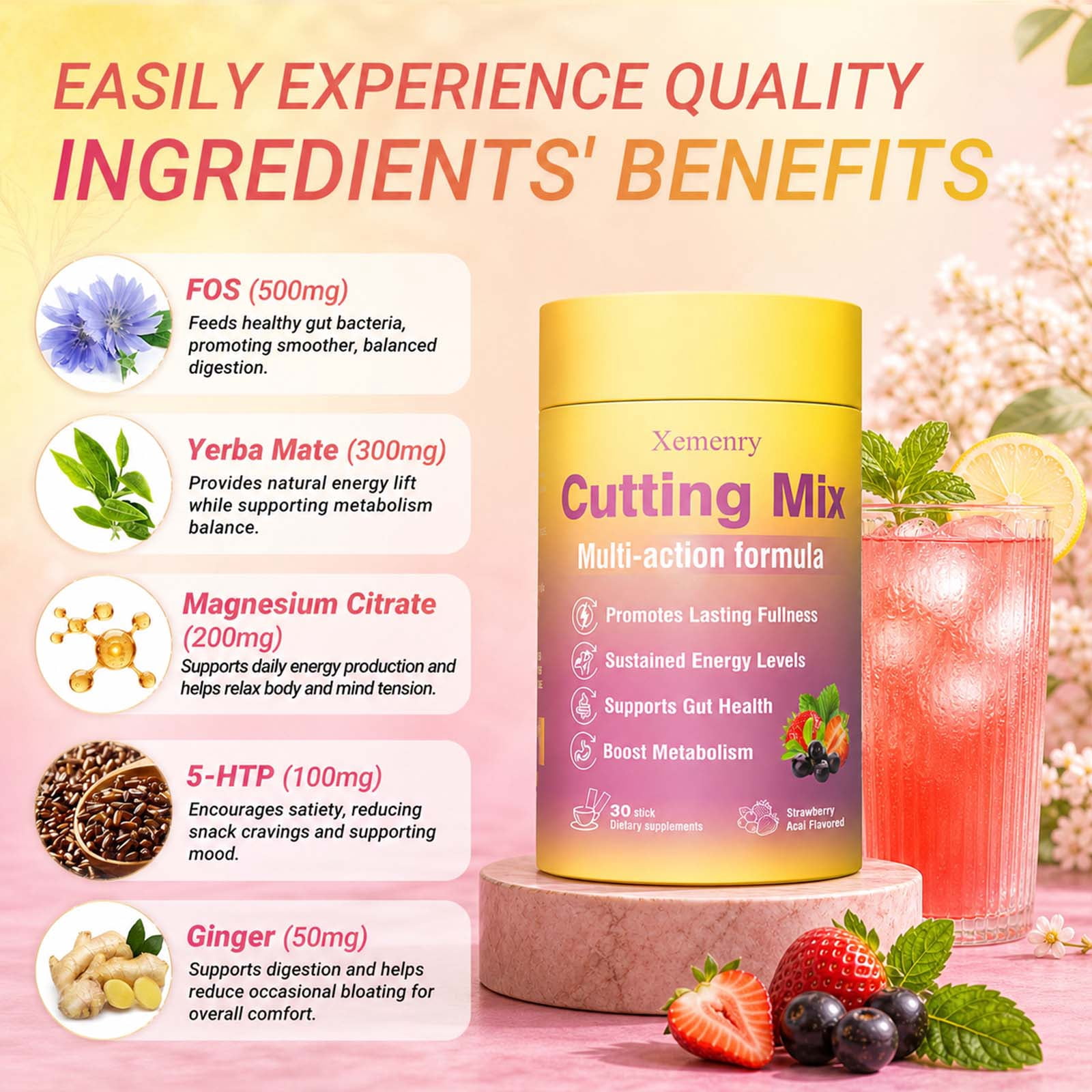 Cutting Mix Drink - with Berberine, Chromium, Yerba Mate & 5-HTP - Supports Satiety, Energy & Gut Health, Promote Metabolism -Strawberry Acai - 30 Sticks