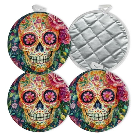 

4 PCS Pot Holders for Kitchen Potholders Sets with Hook for Oven Cooking Baking Festive Lovely Sugar Skull Day Of The Dead With Pink Rose Flower Picture