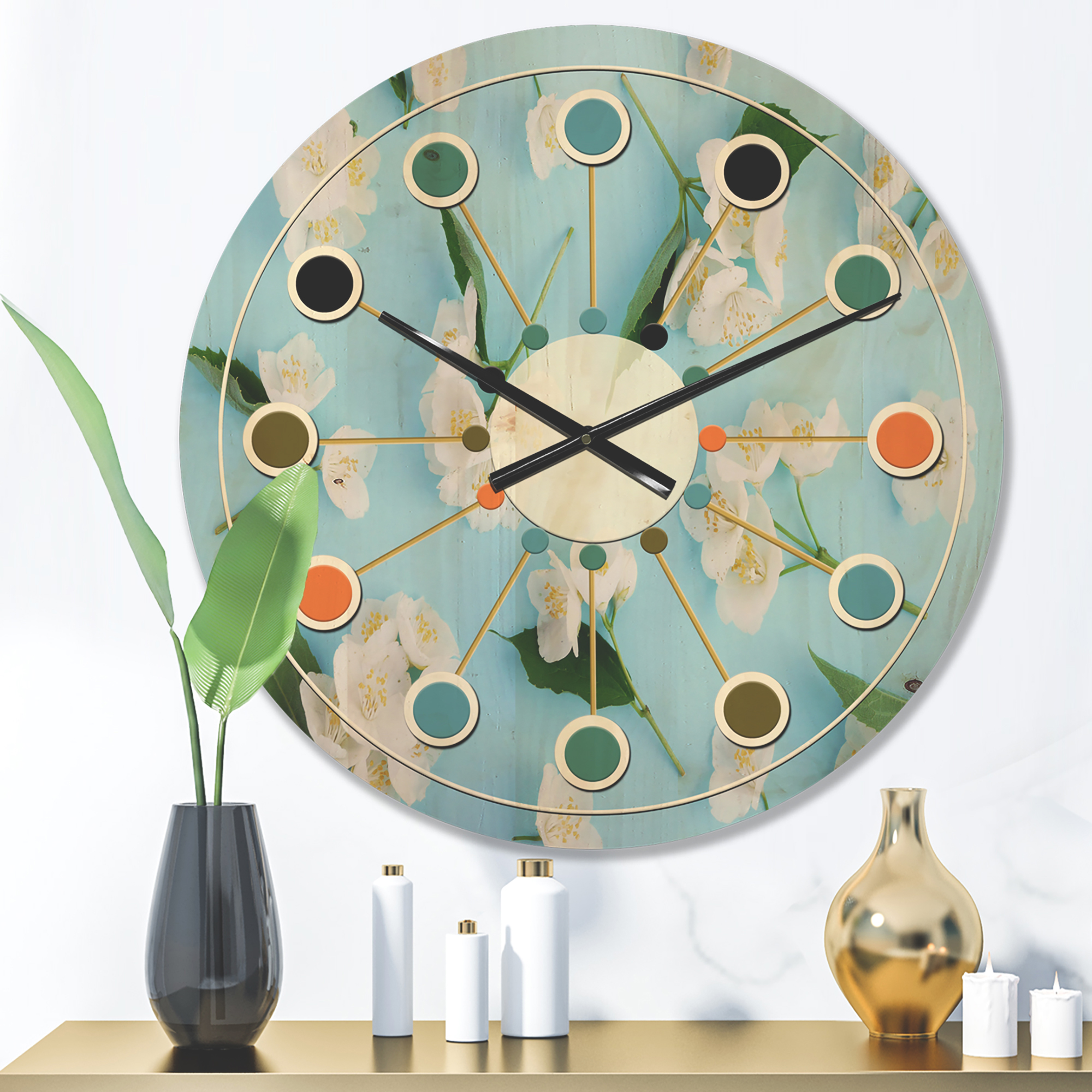 Designart 'Jasmine White Flowers On Bright Blue' Mid-Century Modern Wood Wall Clock