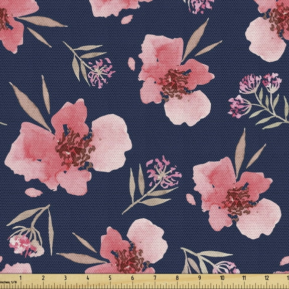 Watercolor Fabric by the Yard Upholstery, Nature Inspired Composition with Pink Garden Flora Vintage Petals, Decorative Fabric for DIY and Home Accents, 5 Yards, Navy Blue Coral by Ambesonne