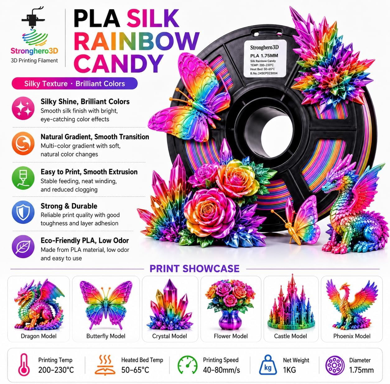 Silk PLA 3D Printer Filament 1.75mm,Candy Silk Rainbow,Multi Color 3D Printing Filament,Color Change Filament for Most 3D Printer,Net Weight 1kg(2.2lbs) Accuracy +/-0.05mm
