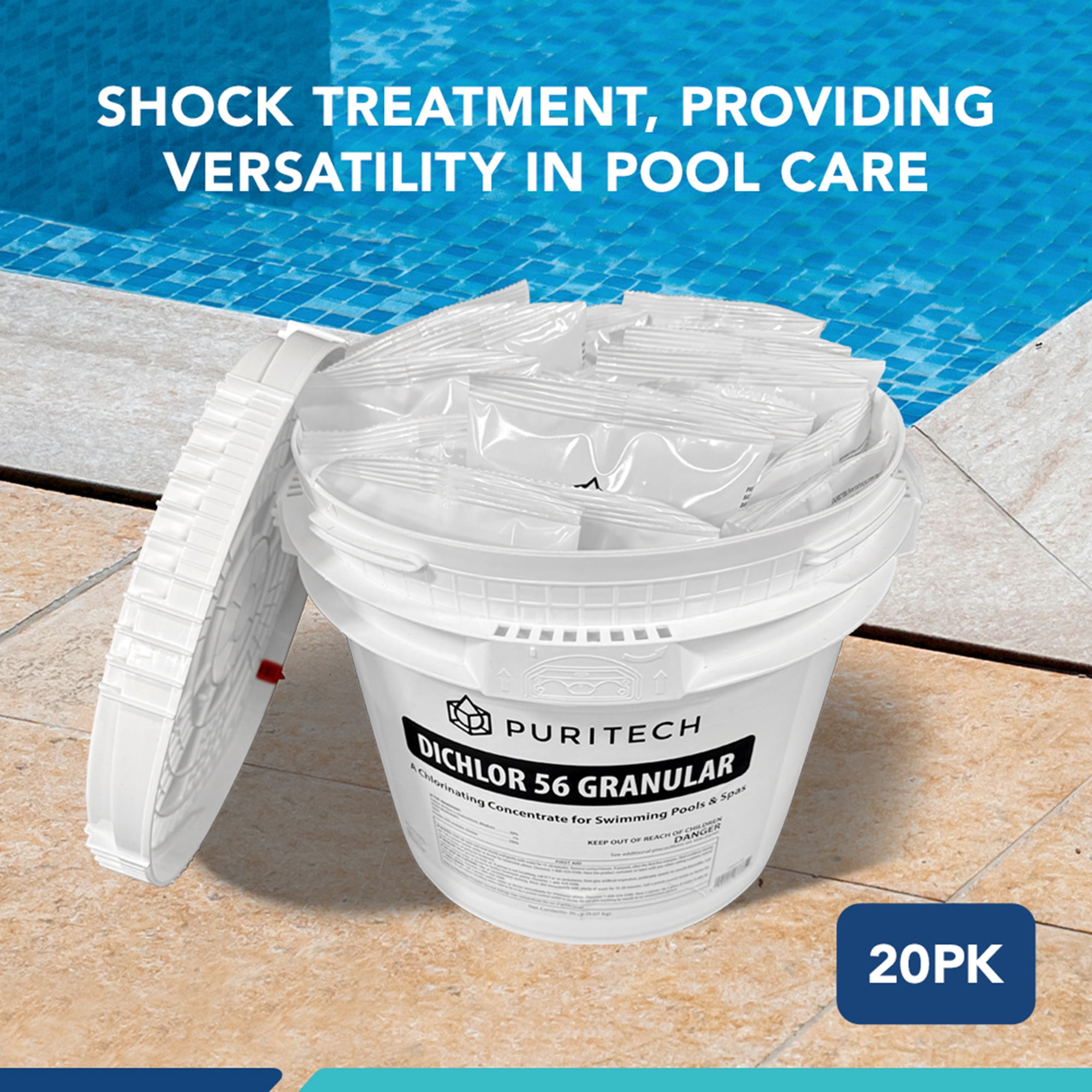 Puri Tech Sodium Dichlor Chlorine Shock Granules for Sanitizing Hot Tubs and Spas – Fast-Acting, pH Balanced Sanitizer - 56% Available Chlorine, 99% Sodium-Dichlor-20 Pound