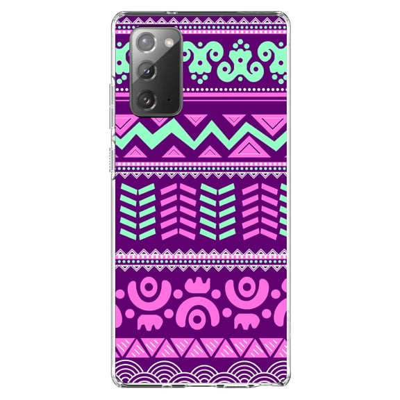 DistinctInk Clear Shockproof Hybrid Case for Samsung Galaxy Note 20 (6.7" Screen) - TPU Bumper, Acrylic Back, Tempered Glass Screen Protector - Pink Green Aztec Tribal