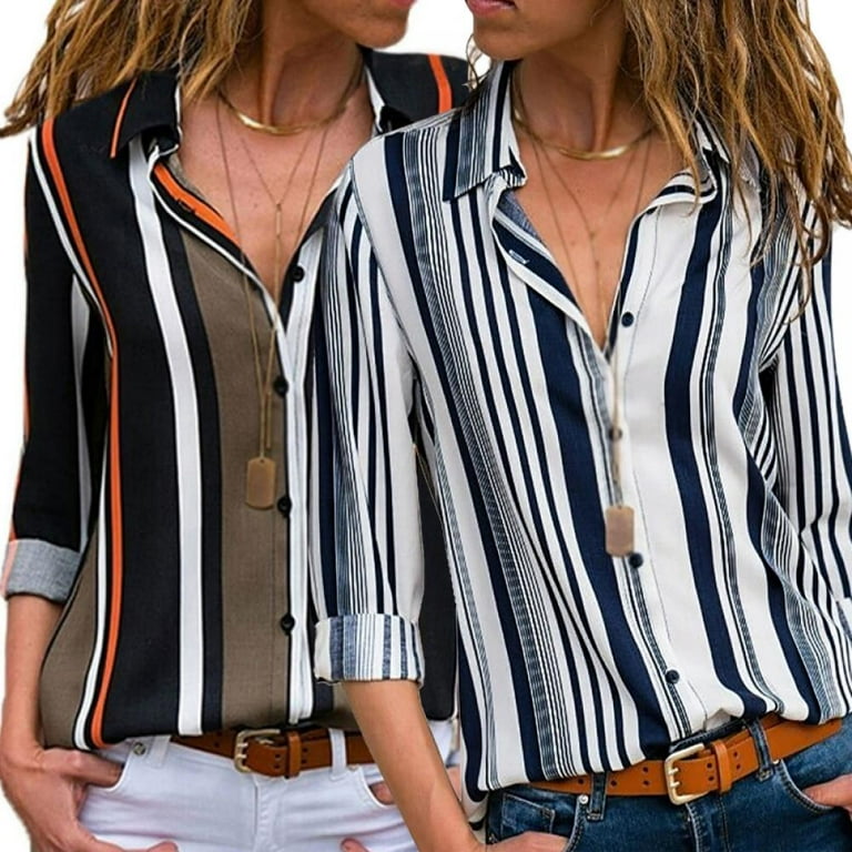 Chiffon Stripe V- neck Single-breasted Long Sleeve Shirt Chiffon Stripe V- neck Single-breasted Long Sleeve Shirt