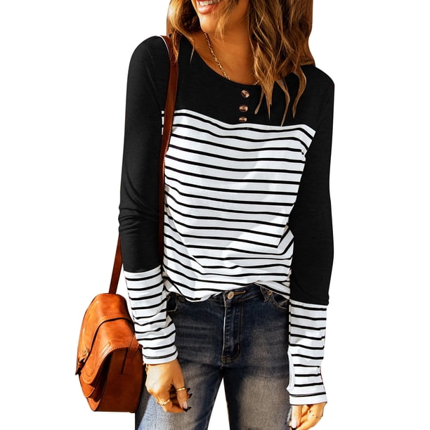 Camiseta de mujer de manga larga de poliéster a rayas con cuello redondo y botón para primavera y otoño