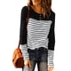 thumbnail image 1 of Camiseta de mujer de manga larga de poliéster a rayas con cuello redondo y botón para primavera y otoño, 1 of 6