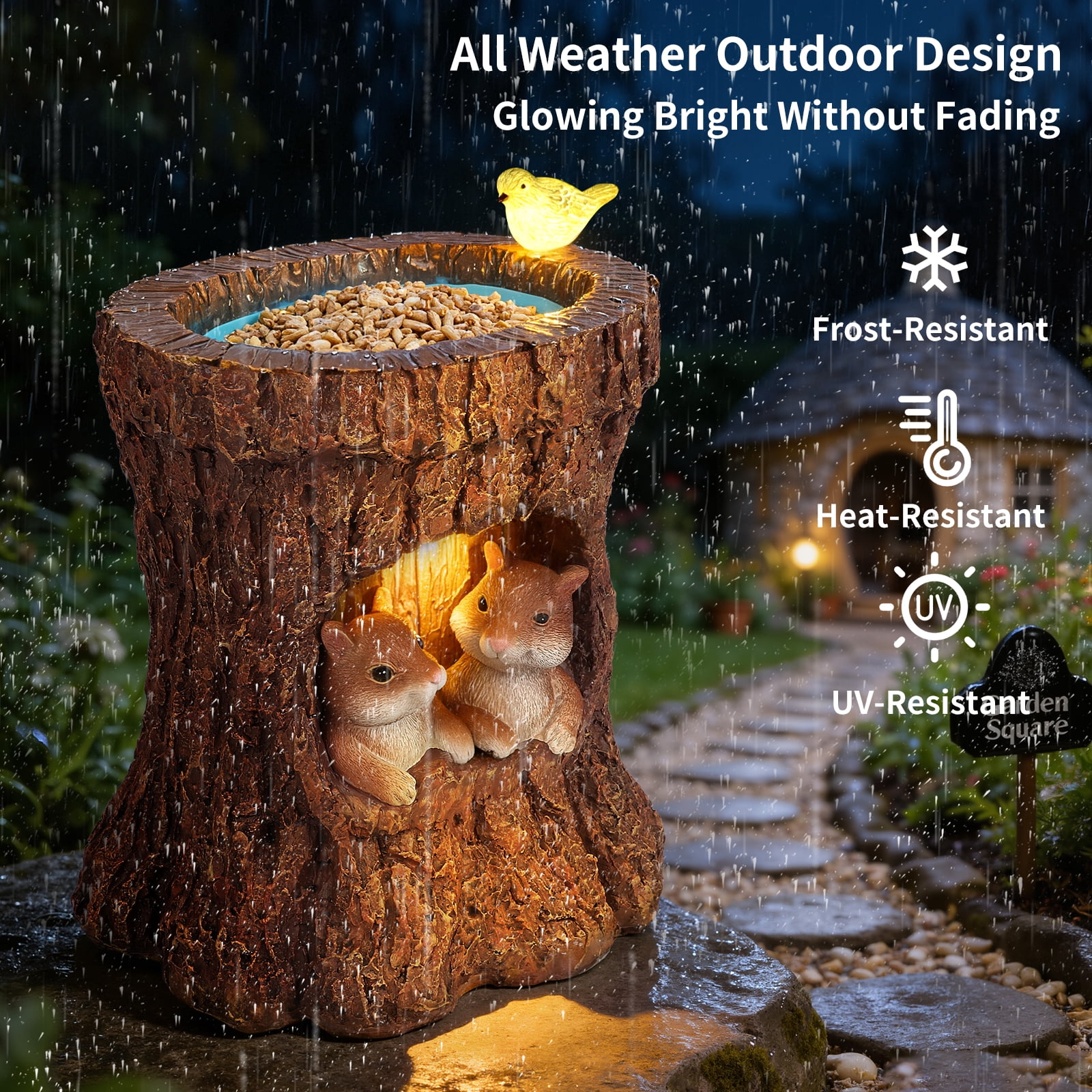 DAK Resin Solar Squirrel Garden Statue with Bird Feeder, LED Lighted Tree Stump Decor,  Waterproof  UV Resistance
