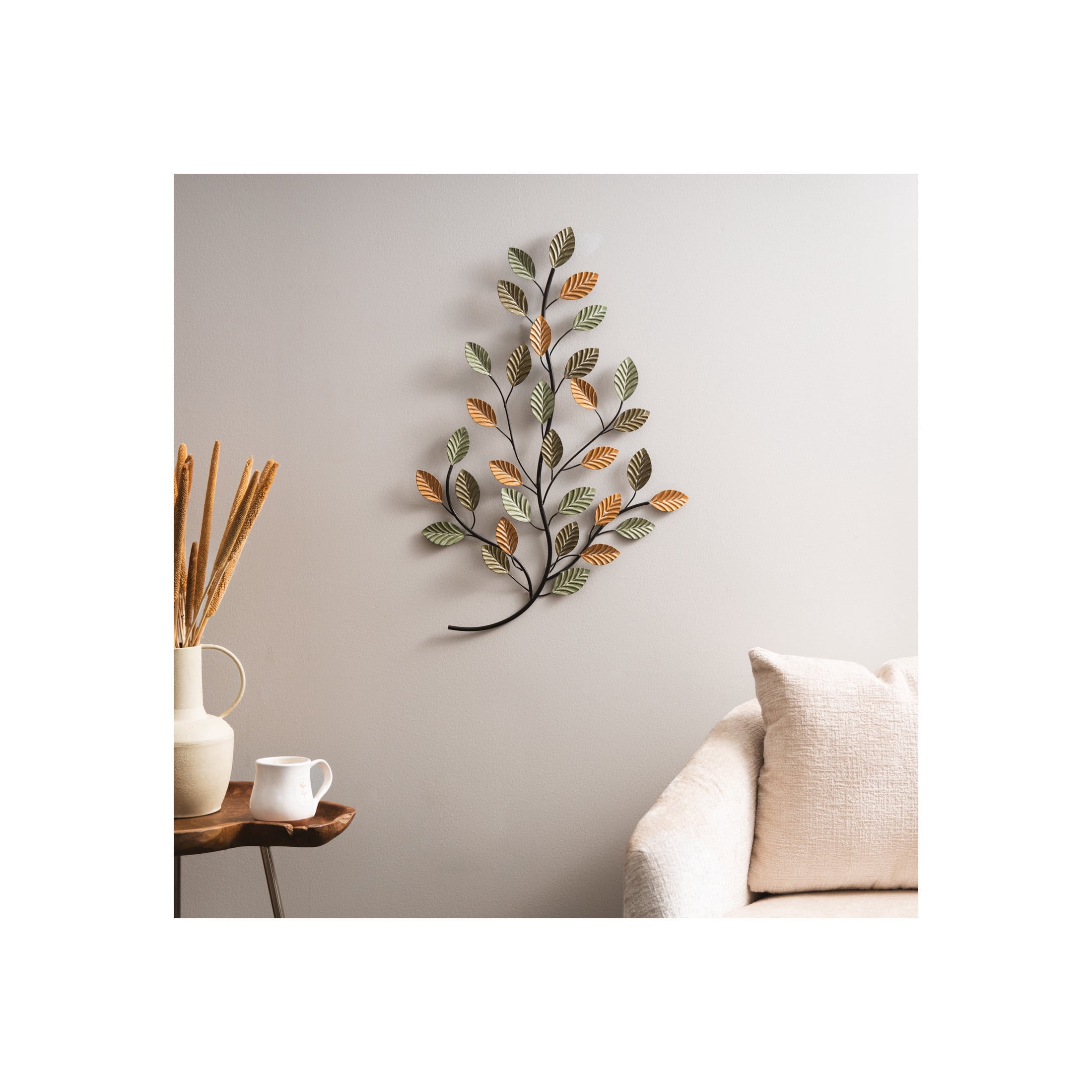 DecMode Green Metal Leaf Wall Decor with Black Stems