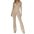 thumbnail image 2 of Gamivast 2 Piece Tracksuit Set for Women Ribbed Knit Full Zip Collared Long Sleeve Jacket Wide Leg Pants Fall Lounge Outfit Beige M, 2 of 4