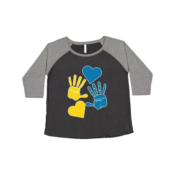 Inktastic Down Syndrome Awareness with Handprints and Hearts Blue and Yellow Women's Plus Size T-Shirt