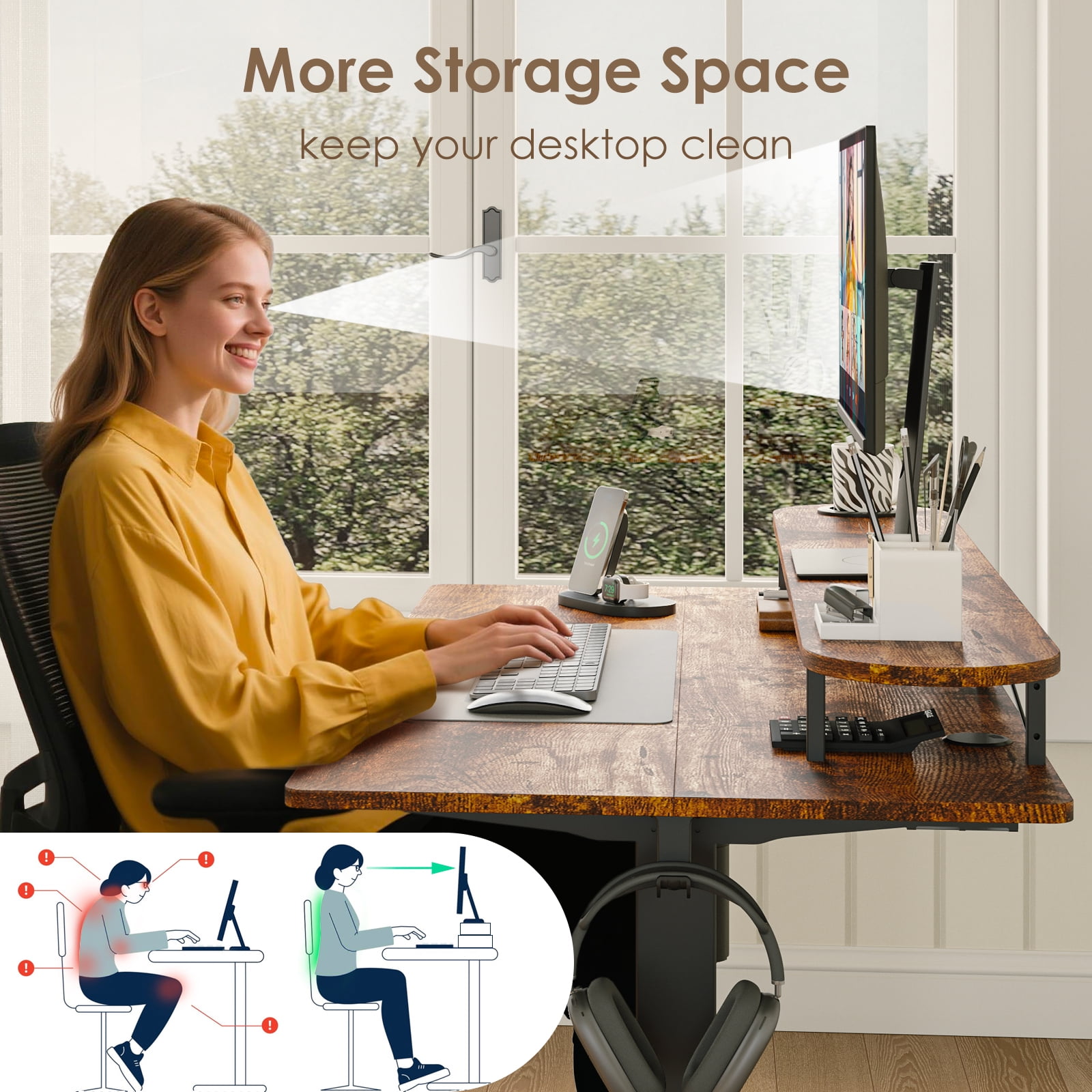 Erinnyees Electric Standing Desk with Drawer & Cup Holder, 48" x 24" Adjustable Height Sit Stand Computer Desk with Splice Board for Home Office