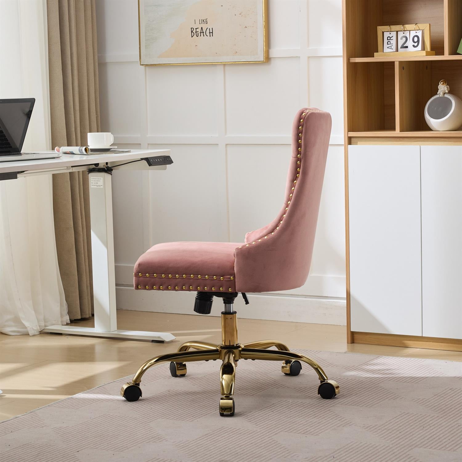Demi Bonn 38" Tufted Button Velvet Upholstered Desk Chair with Adjustable Swivel, Metal Base for Home Office, Study, Pink